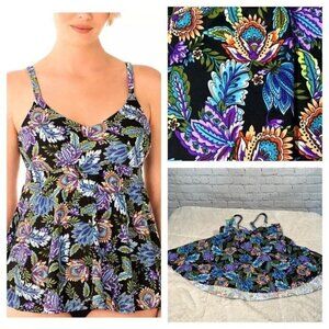 Swim Solutions Tankini Top Swimsuit size 8 Boho Paisley V Neck Underwire NEW